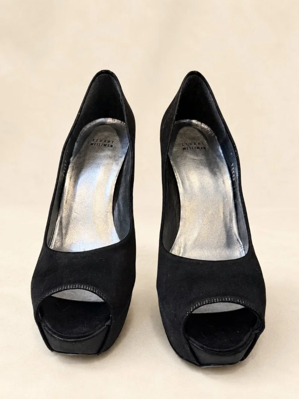 Stuart Weitzman Black Satin Peep Toe Platform Pumps Rhinestone Heels Size 12 M